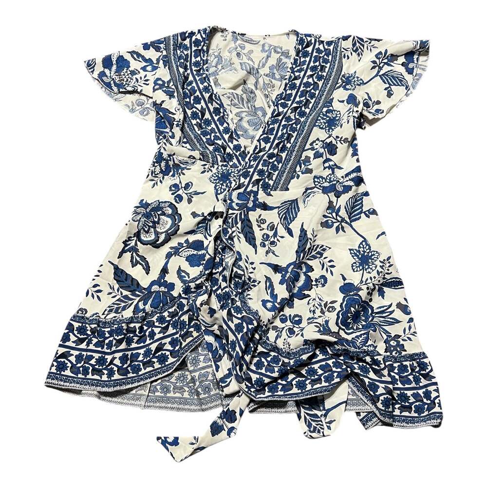 SHEIN VCAY Floral Print Surplice Neck Ruffle Hem Mini Dress - Picture 1 of 3
